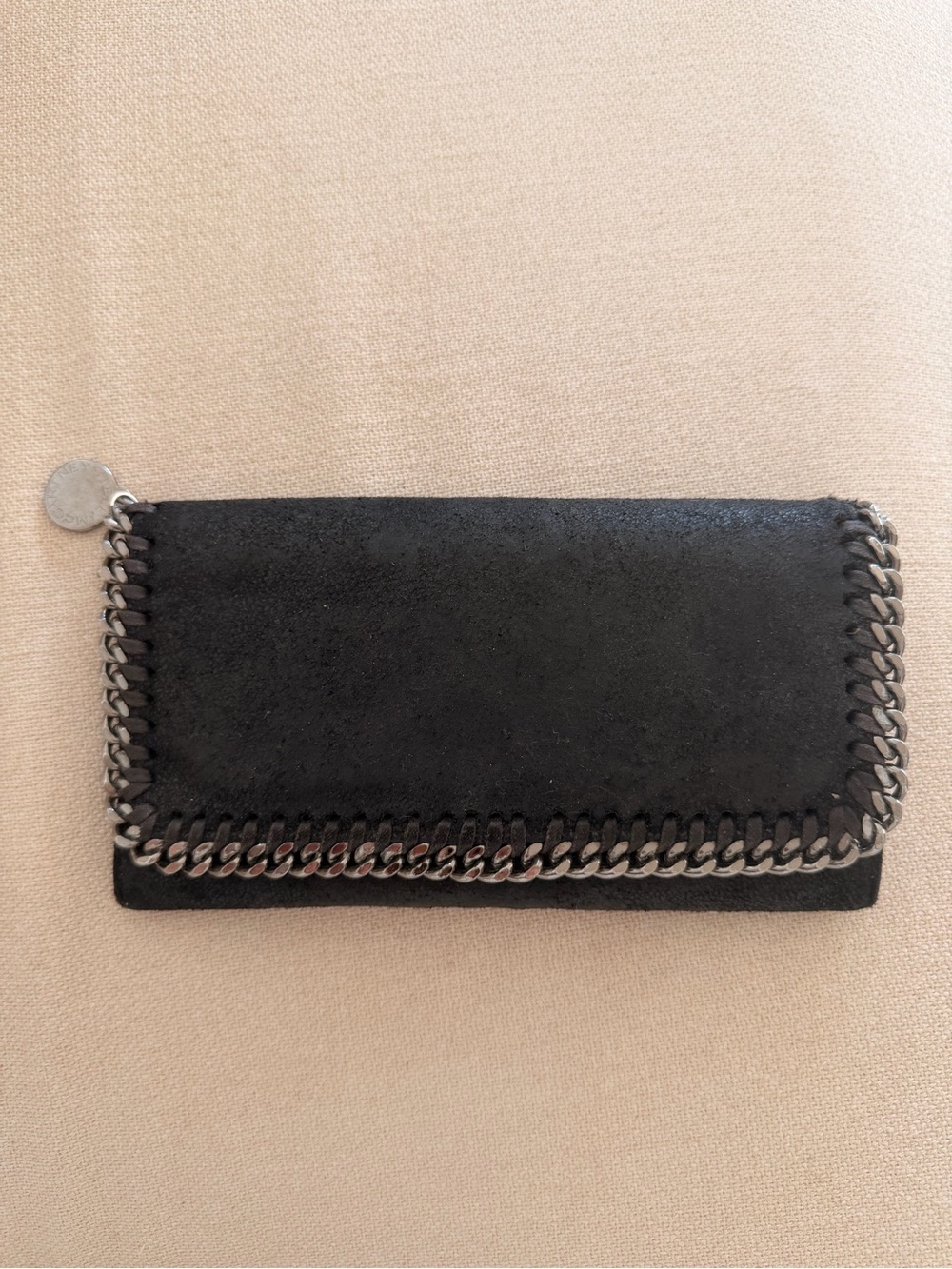 Stella McCartney Black Foldover Wallet with Silver Chain Trim